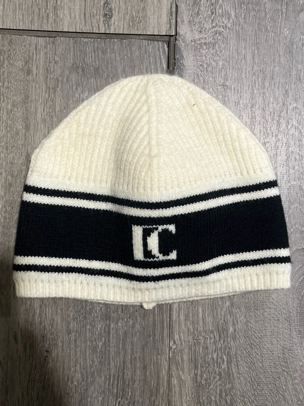 Kids Cream and Black Knit Beanie - C Logo